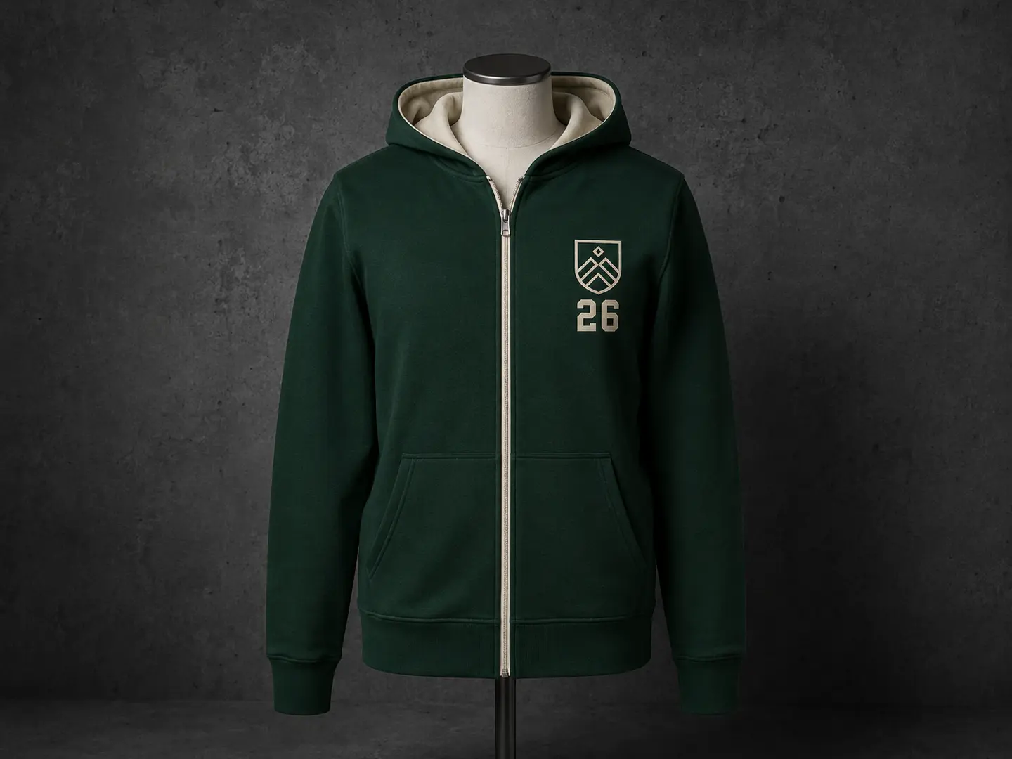 Sudadera verde con capucha y cremallera personalizada para un club o academia